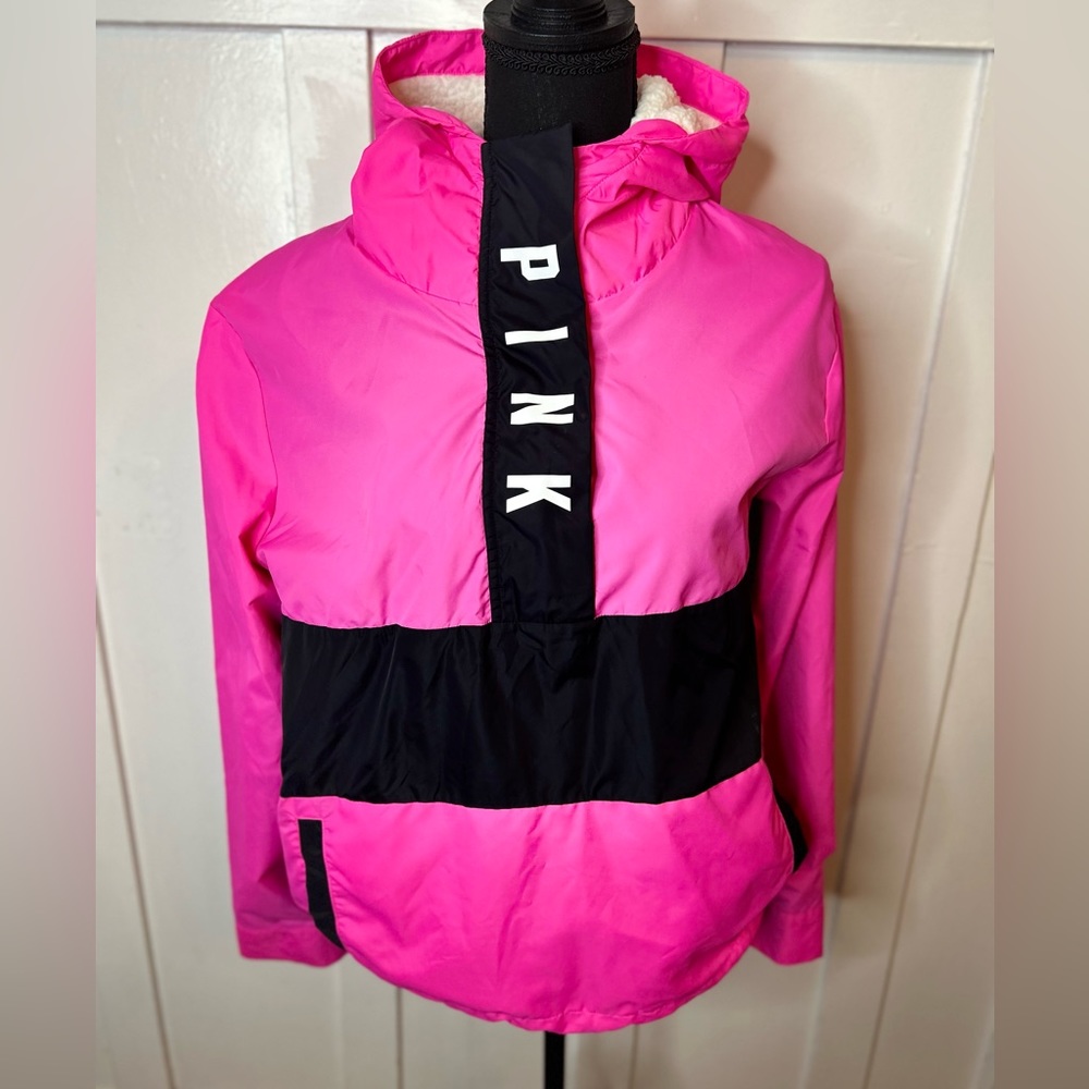 Victoria's Secret Pink Sherpa Hood Anorak 1/2 Zip Logo Windbreaker